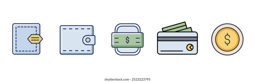 Conjunto de iconos de billetera de dinero. Iconos de pago. Conjunto de colección de pago con monedero de dinero, finanzas, banca, dólar, símbolo de tarjeta de crédito.