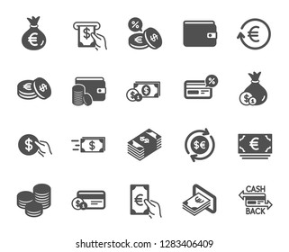 Money wallet icons. Set of Credit card, Cash and Coins icons. Banking, Currency exchange and Cashback service. Wallet, Euro and Dollar money, credit card. Cash exchange, bank payment. Vector