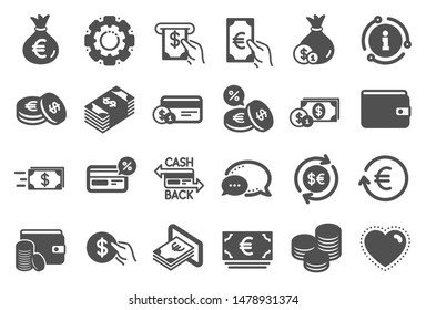 Money wallet icons. Set of Credit card, Cash and Coins icons. Banking, Currency exchange and Cashback service. Wallet, Euro and Dollar money, credit card. Cash exchange, bank payment. Vector