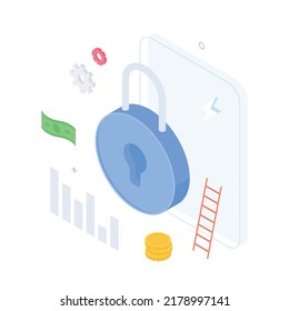Money, wallet, investment, cash, credit card, currency, safe, protect,  presentation, infographic, gold. Isometric vector illustration flat design isolated.