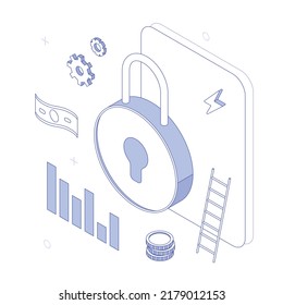 Money, wallet, investment, cash, credit card, currency, safe, protect,  presentation, infographic. Isometric vector illustration flat design isolated. Outline, linear style, line art, editable stroke.