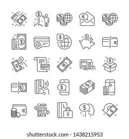 Money wallet line icons. Contactless payment, Update credit card and Piggy bank linear icons. Online payment, Dollar exchange and Fast money send. Private pay, Blocked credit card and Wallet. Vector