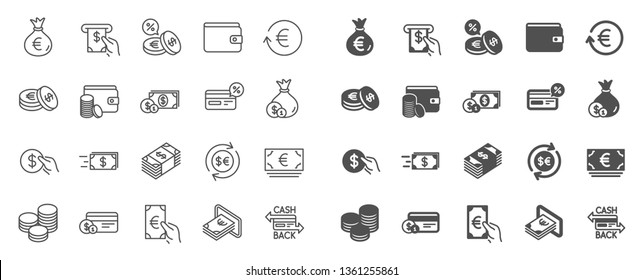 Money wallet line icons. Set of Credit card, Cash and Coins icons. Banking, Currency exchange and Cashback service. Wallet, Euro and Dollar money, credit card. Cash exchange, bank payment. Vector