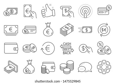 Money wallet line icons. Set of Credit card, Cash and Coins icons. Banking, Currency exchange and Cashback service. Wallet, Euro and Dollar money, credit card. Cash exchange, bank payment. Vector