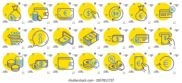 Money wallet line icons. Set of Credit card, Cash and Coins icons. Banking, Currency exchange and Cashback service. Wallet, Euro and Dollar money, credit card. Cash exchange, bank payment. Vector