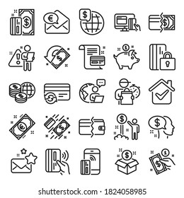 Money wallet line icons. Update credit card, Contactless payment and Piggy bank linear icons. Online payment, Dollar exchange and Fast money send. Private pay, Blocked credit card and Wallet. Vector