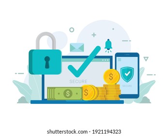 Money Wallet Online Secure Protection With Lock Security Safety System Design Concept Vector Illustration