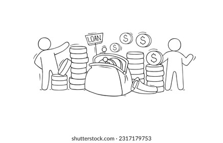 Money in wallet with people and gold coins stacks. Concept of payment, loan, shopping, salary, savings or budget, purse and money, vector hand drawn illustration
