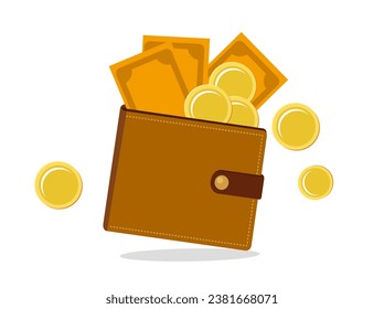 Moneda de dinero o bolso lleno de monedas de oro. Concepto financiero creativo de riqueza, riqueza o ahorro. Ilustración vectorial. Icono de diseño gráfico de estilo plano.