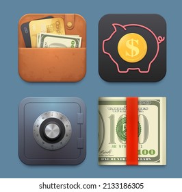 Money, wallet, safe and piggy bank icons. Banking and finances management application, bank account balance and cashback program, investments monitoring application UI interface realistic vector icons