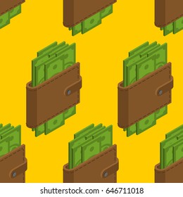 Money in wallet seamless pattern. Cash in purse background. Dollars in pouch texture. Financial Ornament
