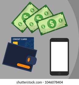 Money, wallet and smartphone with blank touch screen isolated on white background