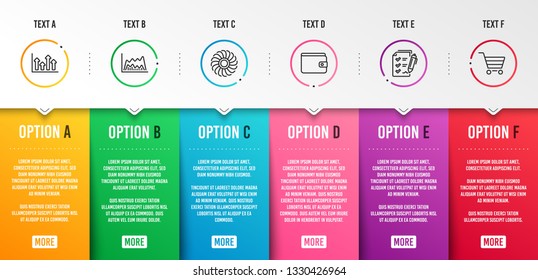 Money wallet, Survey checklist and Upper arrows icons simple set. Trade chart, Fan engine and Market sale signs. Payment method, Report. Finance set. Infographic template. 6 steps timeline. Vector