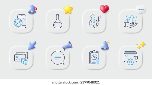 Symbole für Geldbeutel, Brieftasche und Textnachricht. Tasten mit 3D-Glocke, Chatsprache, Cursor. Paket mit Dollar-Rate, Analysengraph, Report-Symbol. Mobile Internet, Chemielabor Piktogramm. Vektorgrafik