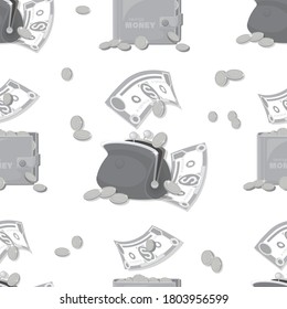 Money, wallets. Cash background, pattern. Dollars signs, gold coins. Falling money isolated on white background. American bill, currency in wallet. Raising, saving money. Design for textiles, business