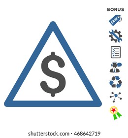 Money Warning icon with bonus pictograms. Vector illustration style is flat iconic bicolor symbols, cobalt and gray colors, white background, rounded angles.