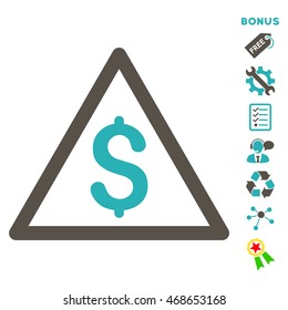 Money Warning icon with bonus pictograms. Vector illustration style is flat iconic bicolor symbols, grey and cyan colors, white background, rounded angles.