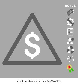 Money Warning icon with bonus pictograms. Vector illustration style is flat iconic bicolor symbols, dark gray and white colors, silver background, rounded angles.