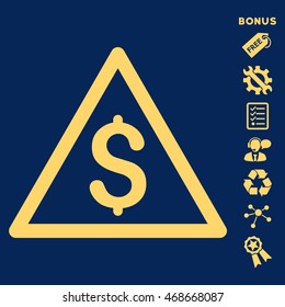 Money Warning icon with bonus pictograms. Vector illustration style is flat iconic symbols, yellow color, blue background, rounded angles.