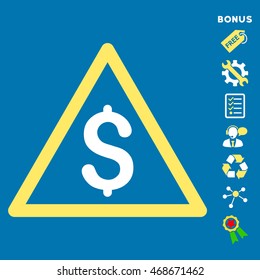 Money Warning icon with bonus pictograms. Vector illustration style is flat iconic bicolor symbols, yellow and white colors, blue background, rounded angles.