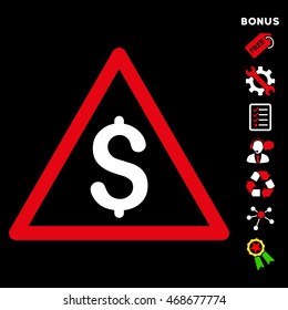 Money Warning icon with bonus pictograms. Vector illustration style is flat iconic bicolor symbols, red and white colors, black background, rounded angles.