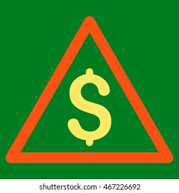 Money Warning icon. Vector style is bicolor flat iconic symbol with rounded angles, orange and yellow colors, green background.