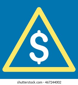 Money Warning icon. Vector style is bicolor flat iconic symbol with rounded angles, yellow and white colors, blue background.