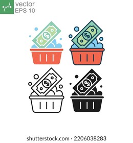 Money washing. Money laundry. Offshore laundering. Element of dollar crime for web apps. Bank, criminal, laundering money, note, wash icon. Vector illustration. Design on white background. EPS 10