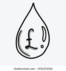 Icono vector de caída de agua de dinero. Línea dibujada a mano en la ilustración del esbozo de dibujo.