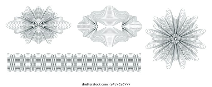 Money watermark. Geometric round, spiral and secure guilloches. Spirograph patterns and borders vector set.