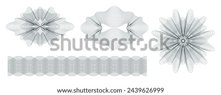 Money watermark. Geometric round, spiral and secure guilloches. Spirograph patterns and borders vector set.