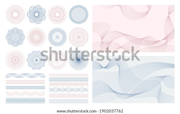 Money watermark. Geometric round, spiral and\
secure guilloches for passport or cheque. Spirograph patterns and\
borders vector set. Illustration certificate pattern watermark,\
decorative guilloche
