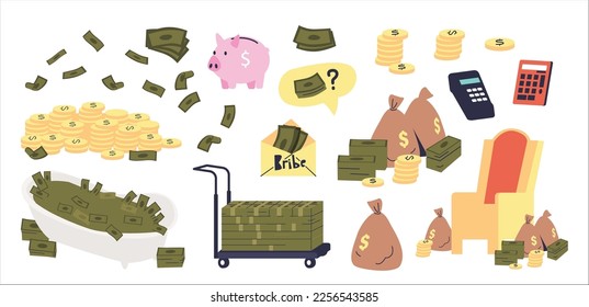 Money, wealth and finances icons set. Golden coins, piles of dollar cash, piggy bank, wallet, calculator and bags of gold isolated. Salary, investment and bribe concept. Vector illustration