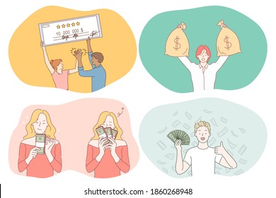 Money, wealth, jackpot concept. Young happy people cartoon characters holding check for big amount of money, sacks with cash, heaps ob banknotes and earning good salary. Cash finance savings 