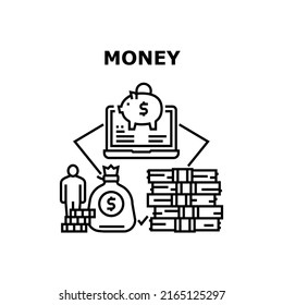 Money Wealth Vector Icon Concept. Money Wealth And Piggy Bank Or Internet Online Banking Account For Safe And Management Finance. Deposit And Investment Financial Service Black Illustration