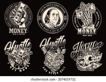 Money and wealth vintage labels with Benjamin Franklin portrait guns roses skeleton and male hands holding dollar banknotes cat skull and poisonous snake in crown isolated vector illustration