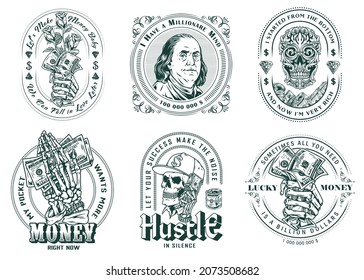 Money and wealth vintage logos with inscriptions Benjamin Franklin portrait skeleton hands with cash banknotes skull in baseball cap and skull of traceries on dollar bill isolated vector illustration