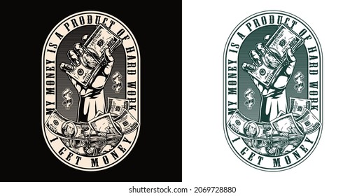 Money and wealth vintage logotype with inscriptions dollar banknotes and male hand holding bundle of one hundred US dollar bills isolated vector illustration