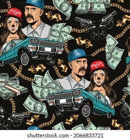 Money and wealth vintage seamless pattern with falling dollar banknotes lowrider retro car revolvers mustached man and pretty girl in baseball caps gold chains and dollar signs vector illustration
