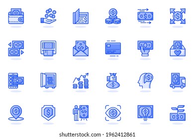 Money web flat line icon. Bundle outline pictogram of wallet, cash, savings, coins, transfer, currency exchange, ATM, credit card, banking concept. Vector illustration of icons pack for website design