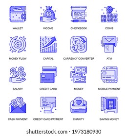 Money web flat line icons set. Pack outline pictogram of money flow, currency, credit card, payment, cash, charity, savings concept. Vector illustration of symbols for website mobile app design