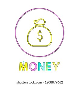 Money web linear icon template with sack of coins. E-commerce round button outline for online shop app isolated cartoon flat vector illustration.