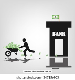 money wheelbarrow man bank