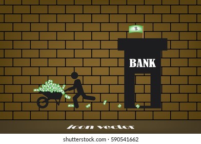 money in wheelbarrow, man, bank icon vector illustration.