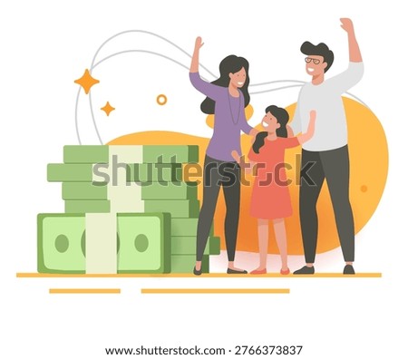 Money win gift to family vector modern graphic illustration design, financial savings success of happy people characters celebration, parents and kid prosperity lifestyle clip art