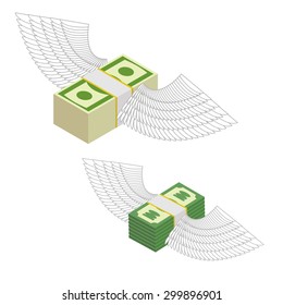Money with wings. Bundles of money flying around. Vector illustration
