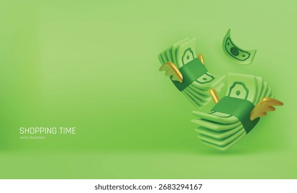 Dinheiro com conceito asas, mostrando o sucesso financeiro, fluxo de renda, despesas, crescimento econômico, pagamentos on-line e finanças pessoais.