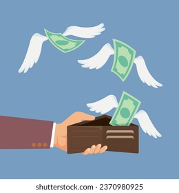 Money with wings flying away from hand with the wallet,losing money concepy, illustration, vector, cartoon, EPS 10. 