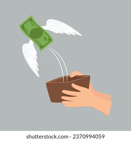 Money with wings flying away from hand with the wallet,losing money concepy, illustration, vector, cartoon, EPS 10. 