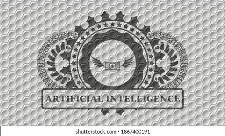 Money wings flying icon and Artificial intelligence text grey shiny hexagon pattern realistic emblem. Trendy fashionable background. Illustration. 